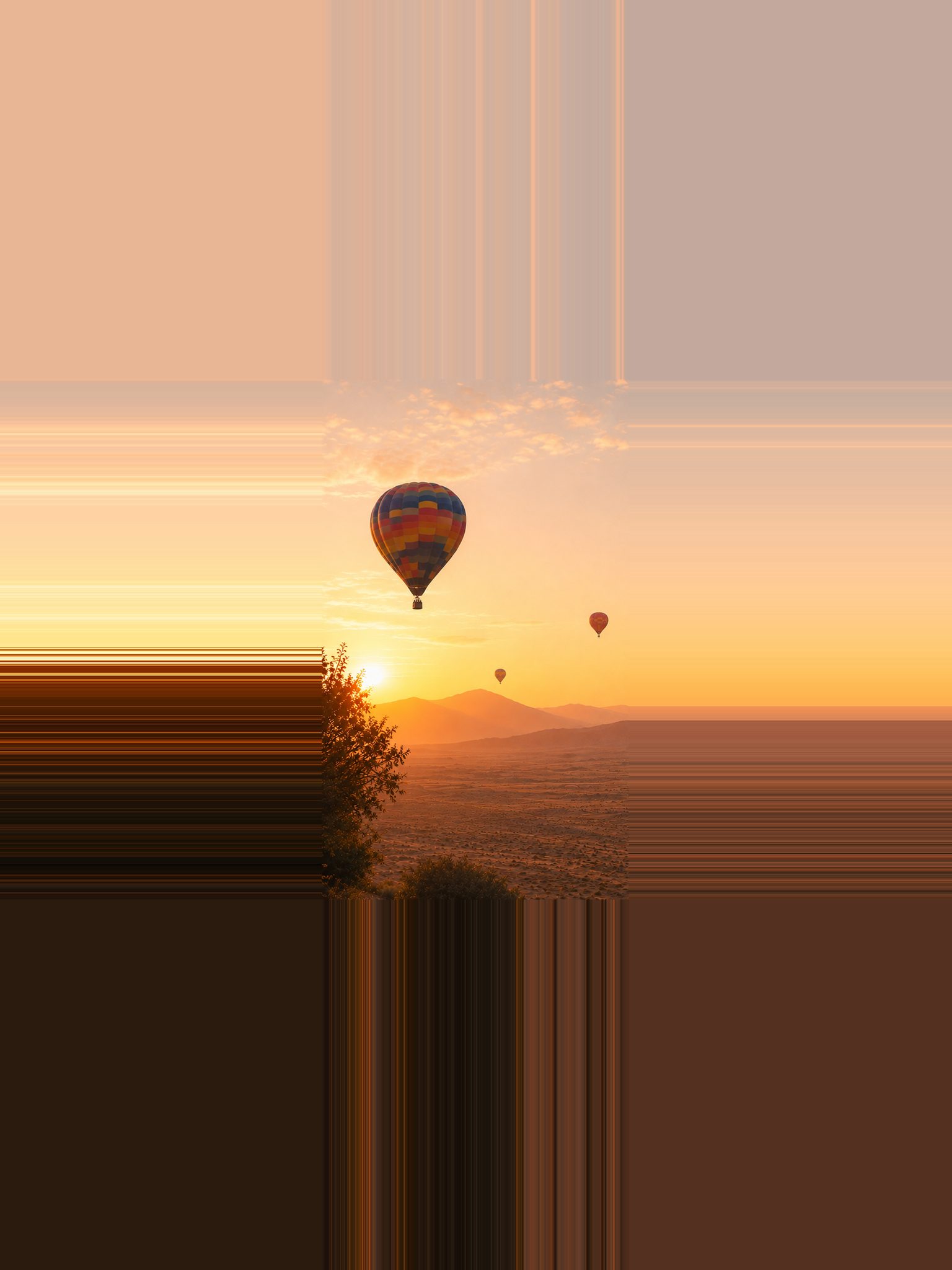Hot-air balloons over a valley at sunrise