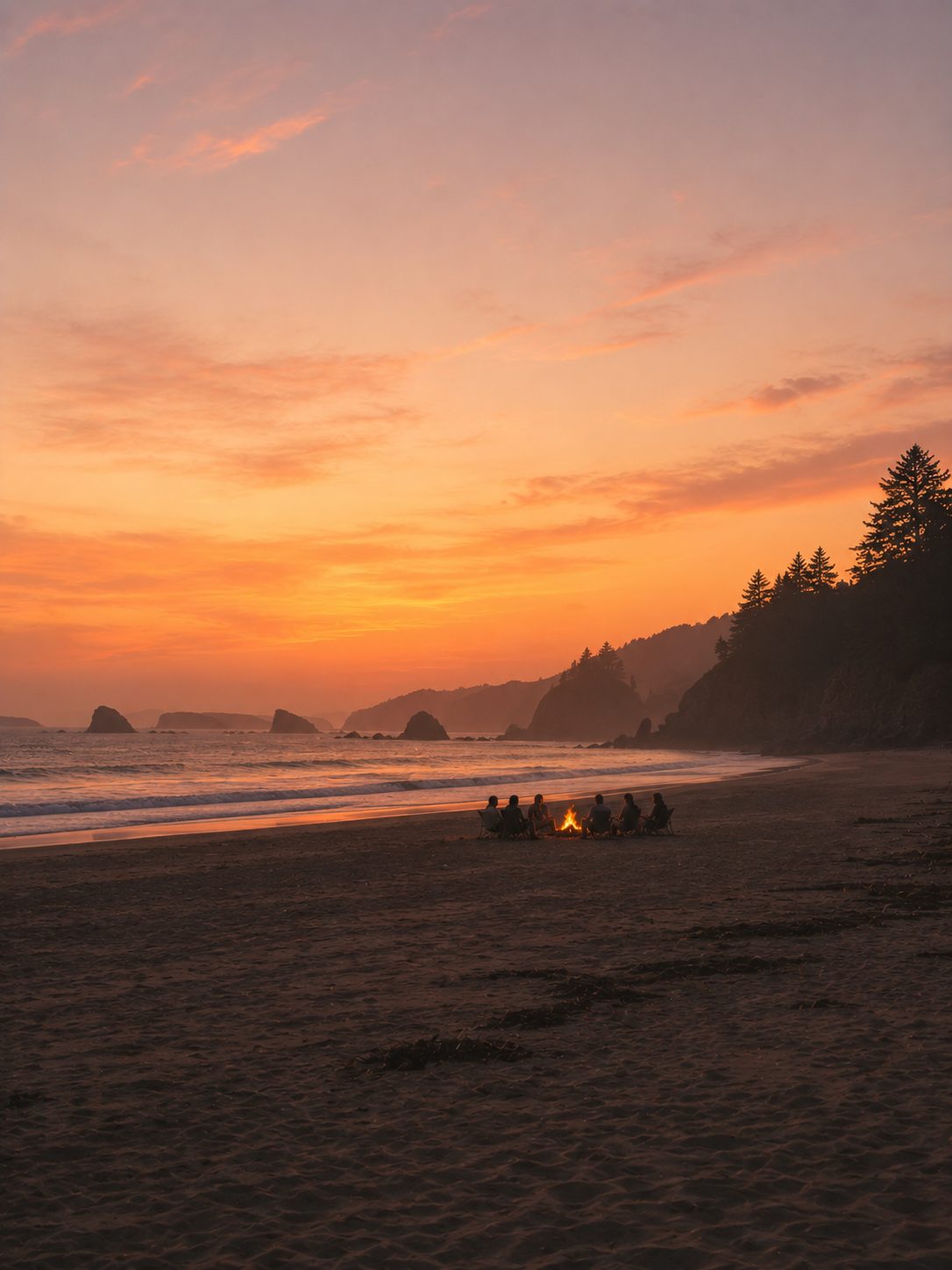 Friends around a campfire on a beach at sunset