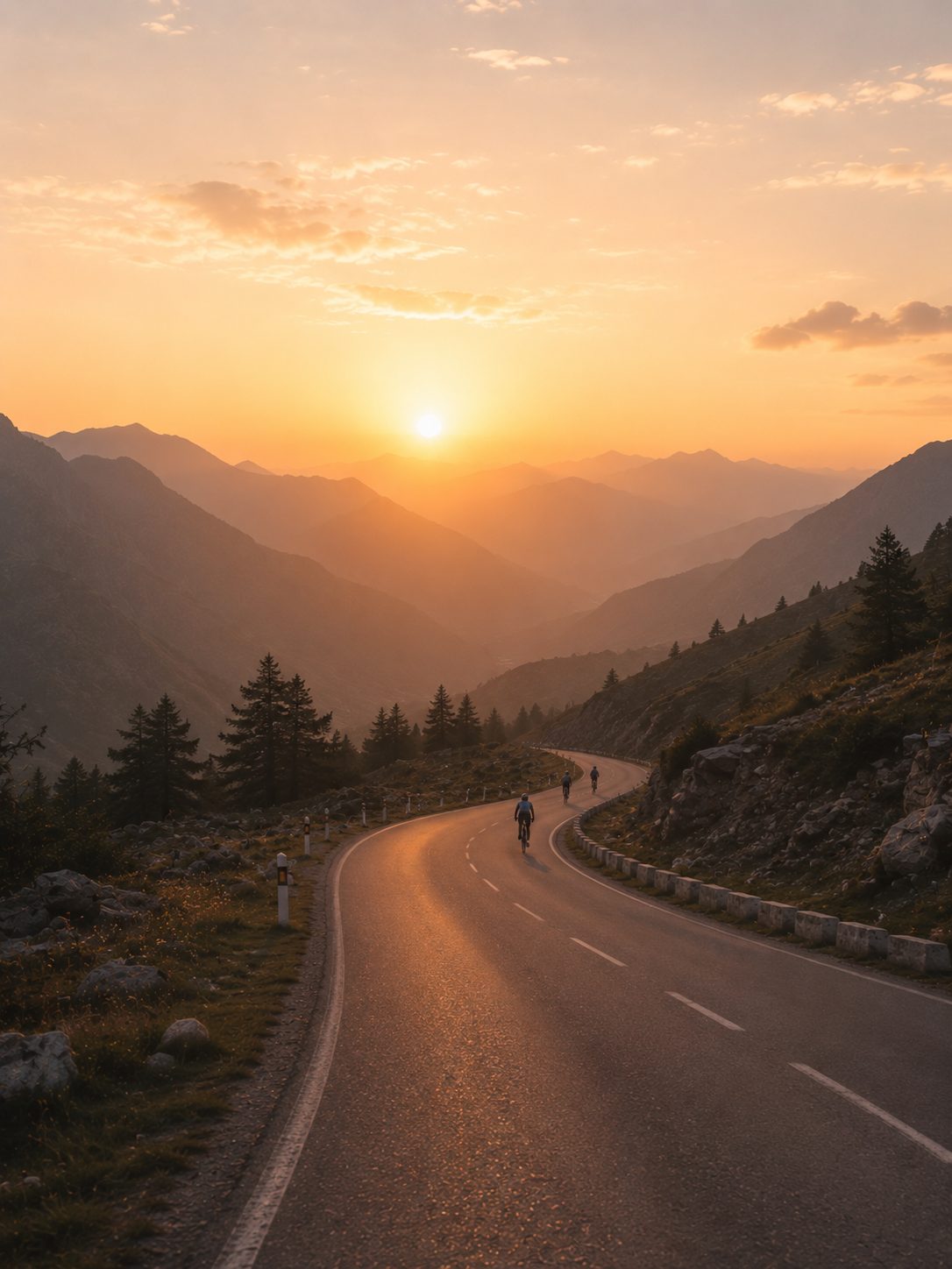 Cyclists on a mountain road at sunset